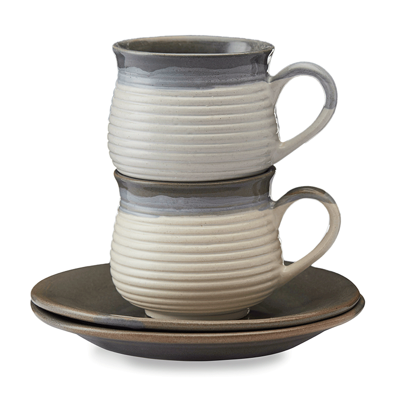 Vegan Concentric Grooved Tea Cups & Saucers Premium - Set Of Two