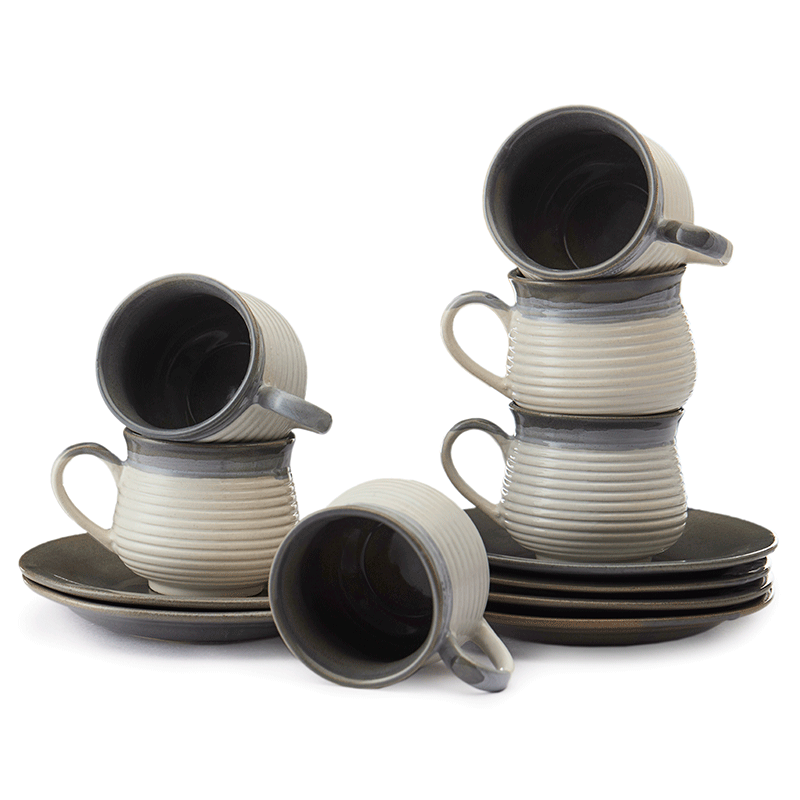Vegan Concentric Grooved Tea Cups & Saucers Premium - Set Of Six